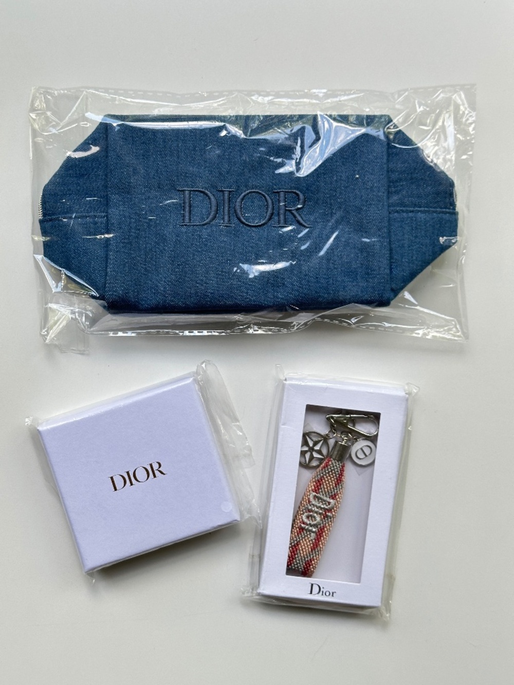New Cristian Dior Demin Cosmetic Bag Keychain Key Fob Keyring Massage Tool